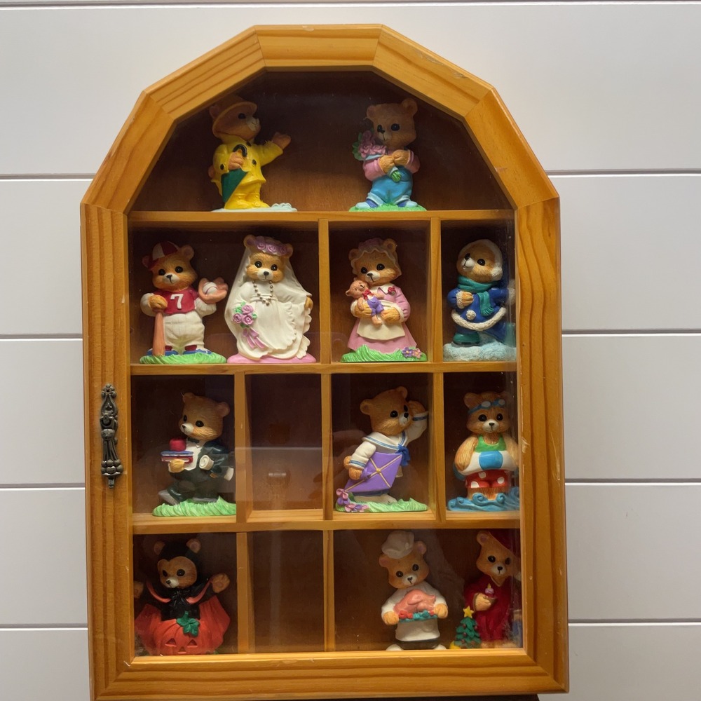 Vintage Wooden Shadow Box Arched Curio Case with 12 Teddy Bear Miniatures